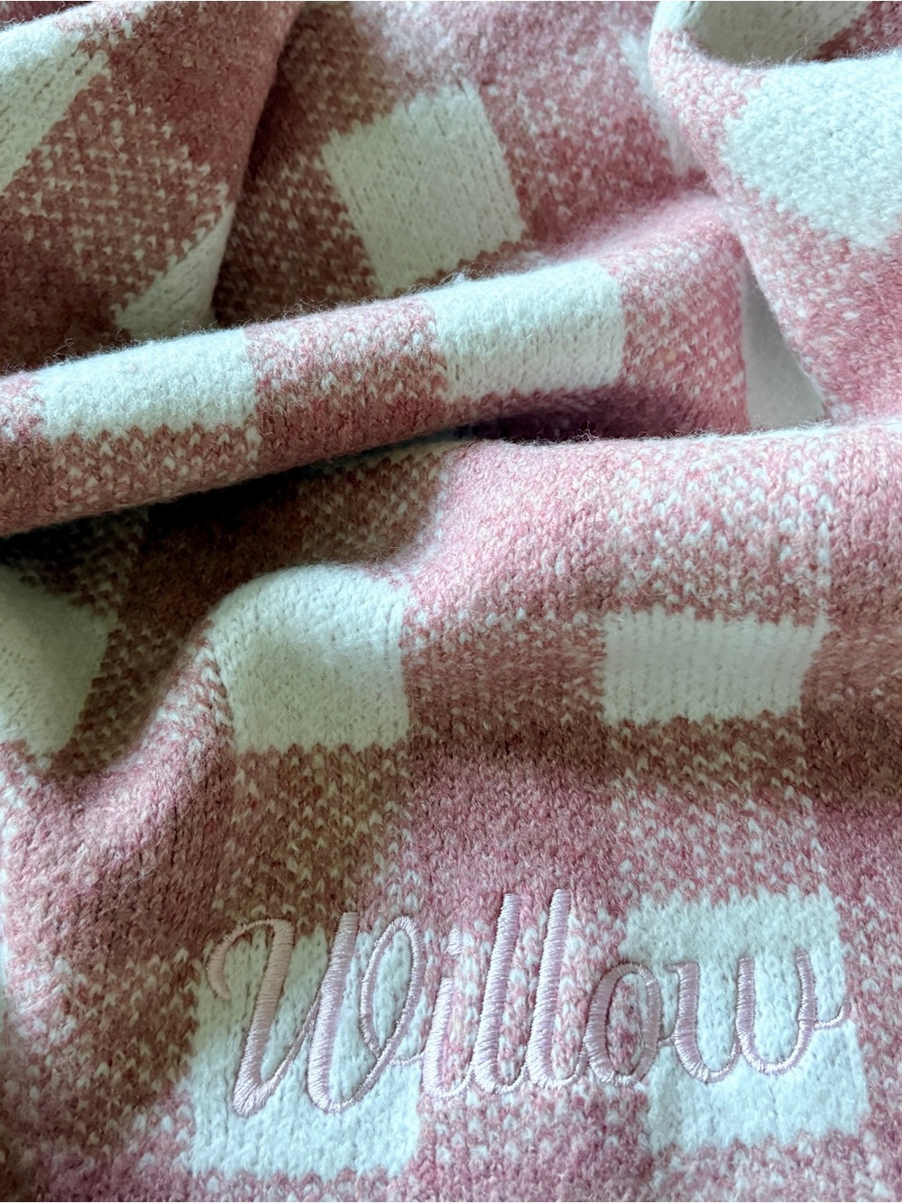Pottery Barn Kids Pink and White Buffalo Check Soft Plush Throw for name Willow